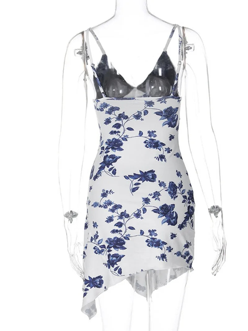Floral Print Lace Panel V-Neck Spaghetti Strap Asymmetric Hem Mini Dress