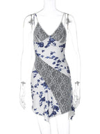 Floral Print Lace Panel V-Neck Spaghetti Strap Asymmetric Hem Mini Dress