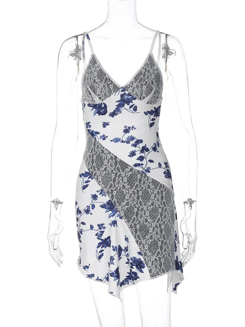 Floral Print Lace Panel V-Neck Spaghetti Strap Asymmetric Hem Mini Dress