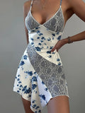 Floral Print Lace Panel V-Neck Spaghetti Strap Asymmetric Hem Mini Dress