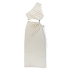 One Shoulder Cut Out Ring Hardware Ruched High Split Maxi Dress