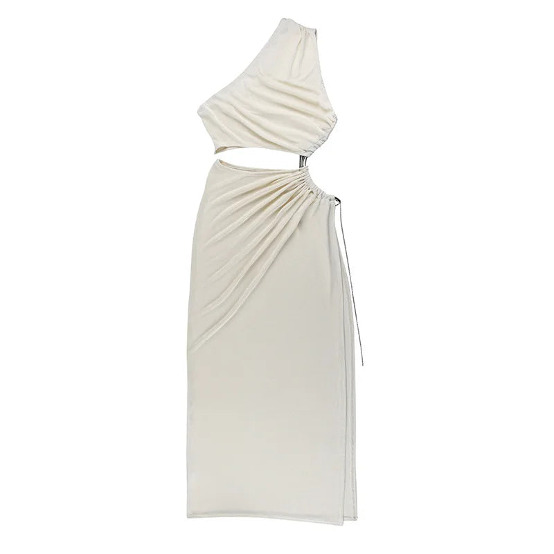 One Shoulder Cut Out Ring Hardware Ruched High Split Maxi Dress