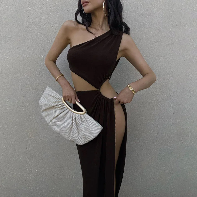 One Shoulder Ring Detail Waist Cutout High Slit Maxi Dress