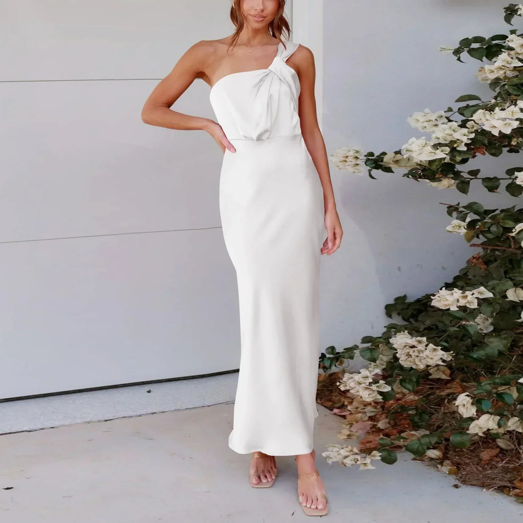Satin One Shoulder Twisted Strap Column Maxi Dress