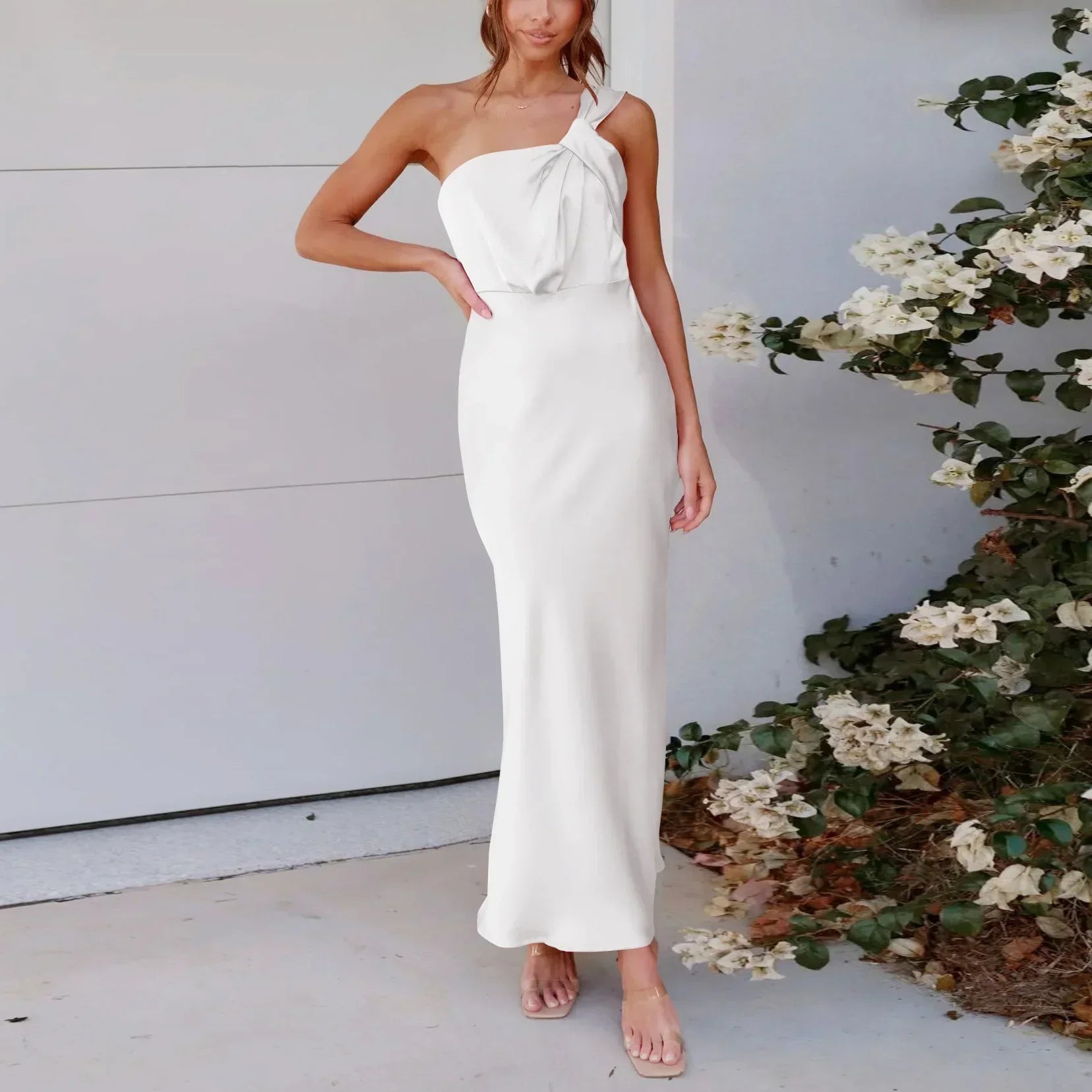 Satin One Shoulder Twisted Strap Column Maxi Dress