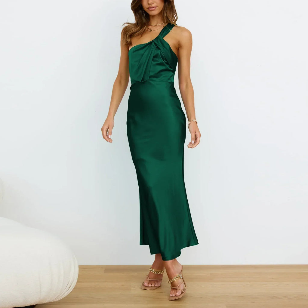 Satin One Shoulder Twisted Strap Column Maxi Dress