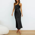 Satin One Shoulder Twisted Strap Column Maxi Dress