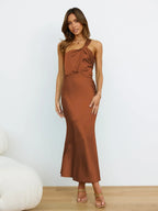 Satin One Shoulder Twisted Strap Column Maxi Dress