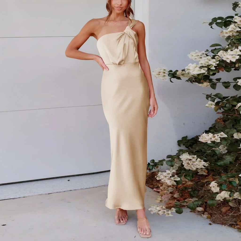 Satin One Shoulder Twisted Strap Column Maxi Dress