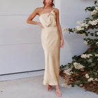 Satin One Shoulder Twisted Strap Column Maxi Dress