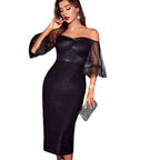 Off Shoulder Glitter Mesh Bell Sleeve Bodycon Midi Dress