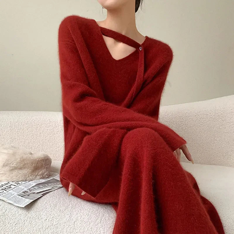 Fuzzy Knit Deep V-Neck Button Strap Long Sleeve Midi Sweater Dress