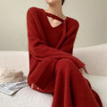 Fuzzy Knit Deep V-Neck Button Strap Long Sleeve Midi Sweater Dress