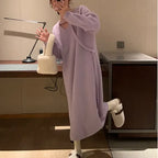 Fuzzy Knit Deep V-Neck Button Strap Long Sleeve Midi Sweater Dress