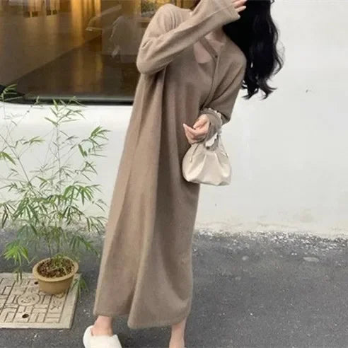 Fuzzy Knit Deep V-Neck Button Strap Long Sleeve Midi Sweater Dress