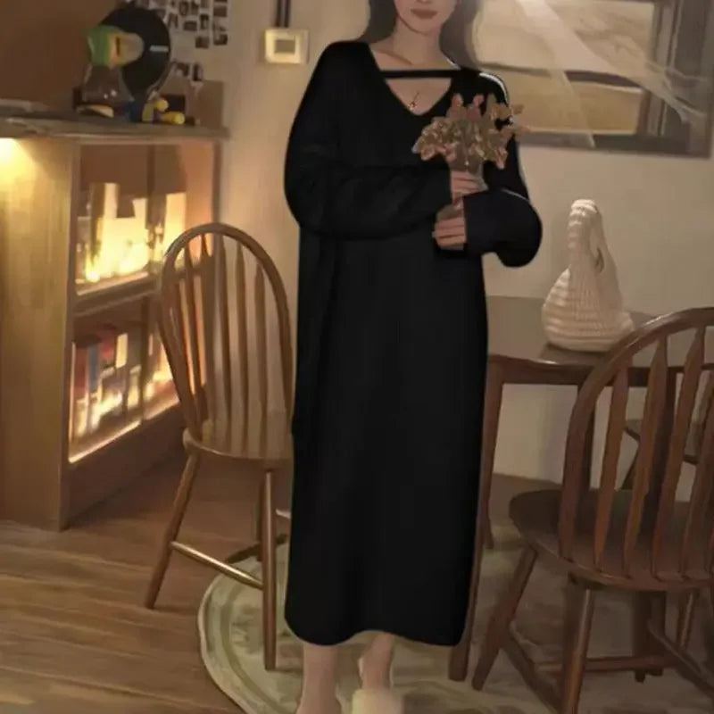 Fuzzy Knit Deep V-Neck Button Strap Long Sleeve Midi Sweater Dress