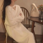 Fuzzy Knit Deep V-Neck Button Strap Long Sleeve Midi Sweater Dress