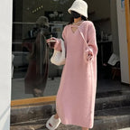 Fuzzy Knit Deep V-Neck Button Strap Long Sleeve Midi Sweater Dress