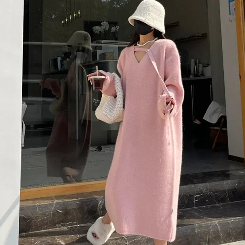 Fuzzy Knit Deep V-Neck Button Strap Long Sleeve Midi Sweater Dress