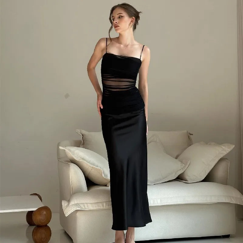 Spaghetti Strap Mesh Panel Ruched Satin Slip Maxi Dress