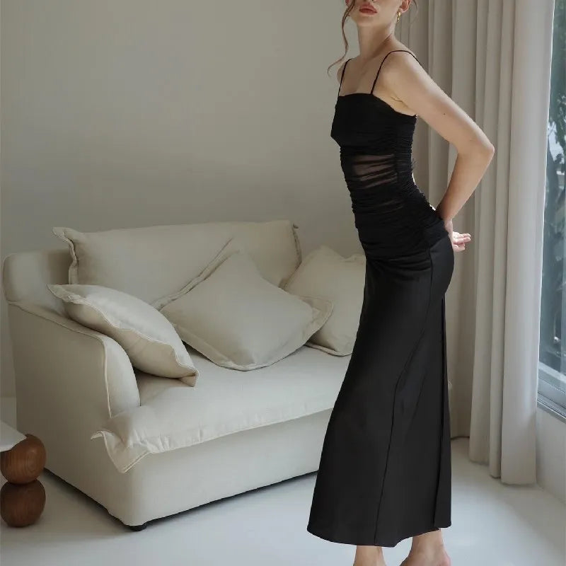 Spaghetti Strap Mesh Panel Ruched Satin Slip Maxi Dress