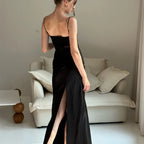 Spaghetti Strap Mesh Panel Ruched Satin Slip Maxi Dress