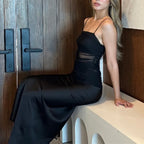 Spaghetti Strap Mesh Panel Ruched Satin Slip Maxi Dress