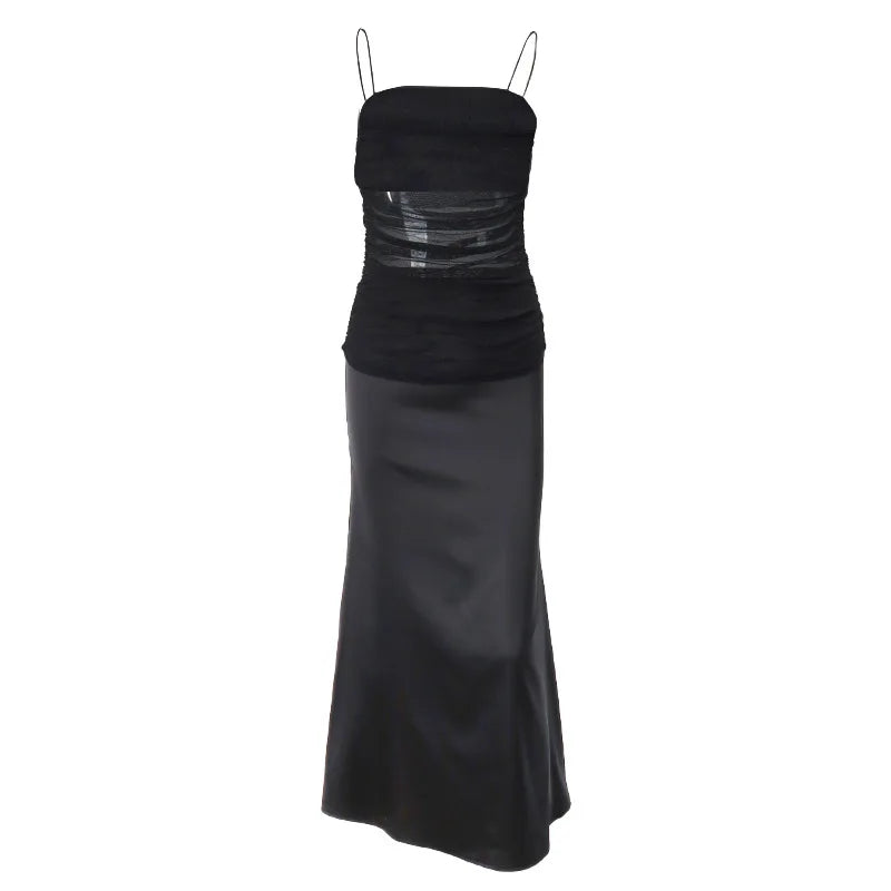 Mesh Panel Ruched Spaghetti Strap Satin Maxi Dress