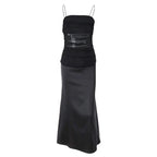 Mesh Panel Ruched Spaghetti Strap Satin Maxi Dress