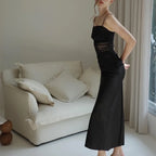 Mesh Panel Ruched Spaghetti Strap Satin Maxi Dress
