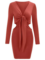 Tie Front Waist Cut Out Long Sleeve Bodycon Mini Dress
