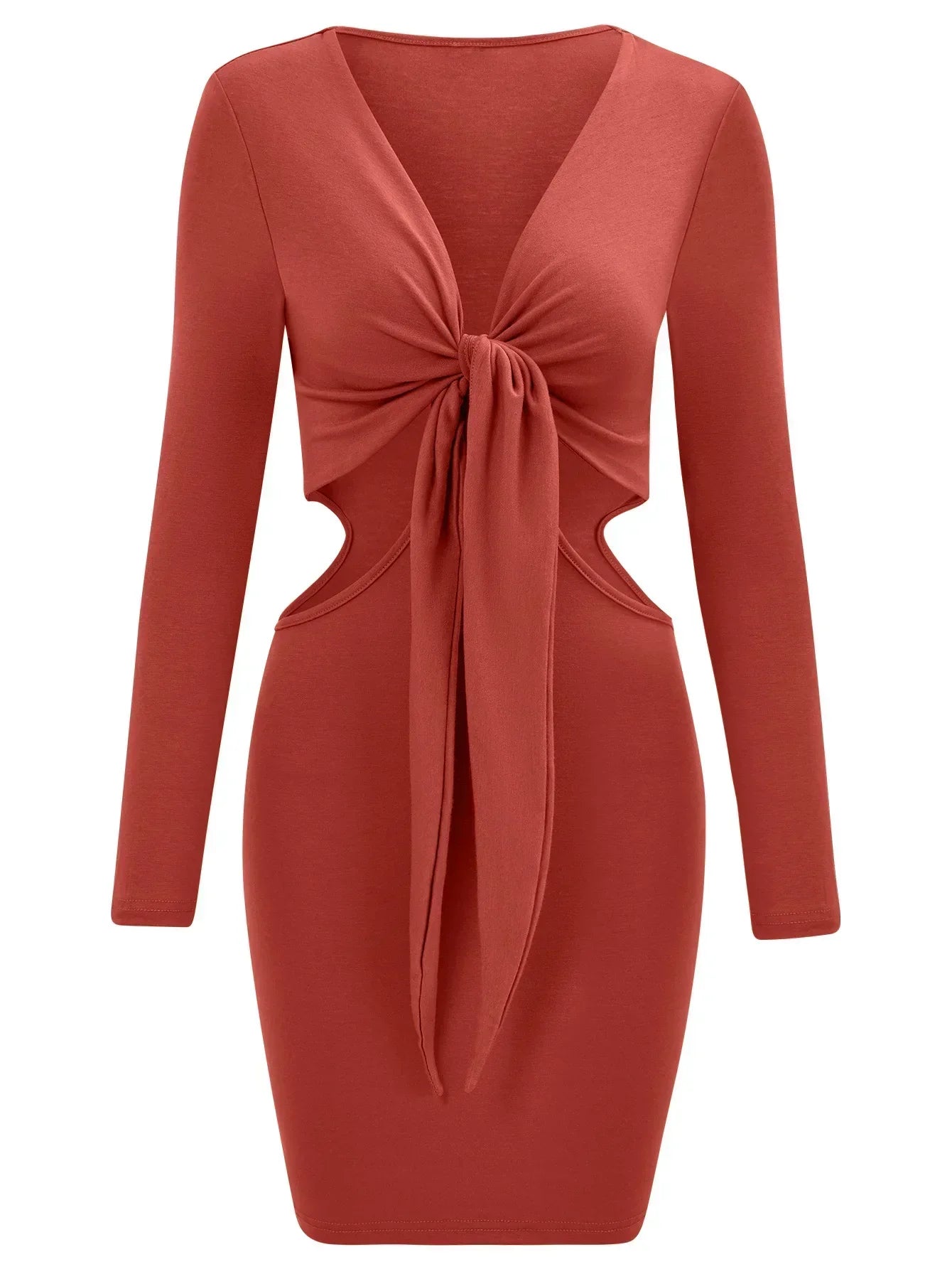 Tie Front Waist Cut Out Long Sleeve Bodycon Mini Dress