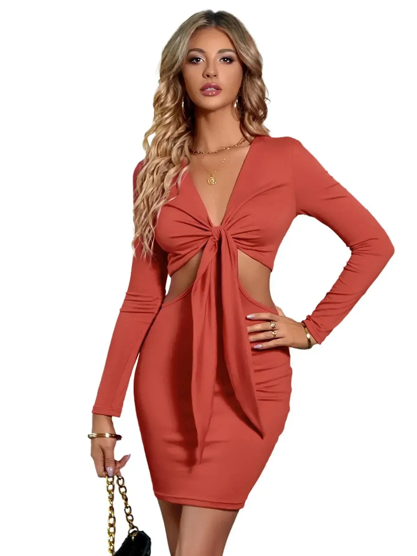 Tie Front Waist Cut Out Long Sleeve Bodycon Mini Dress