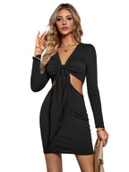 Tie Front Waist Cut Out Long Sleeve Bodycon Mini Dress