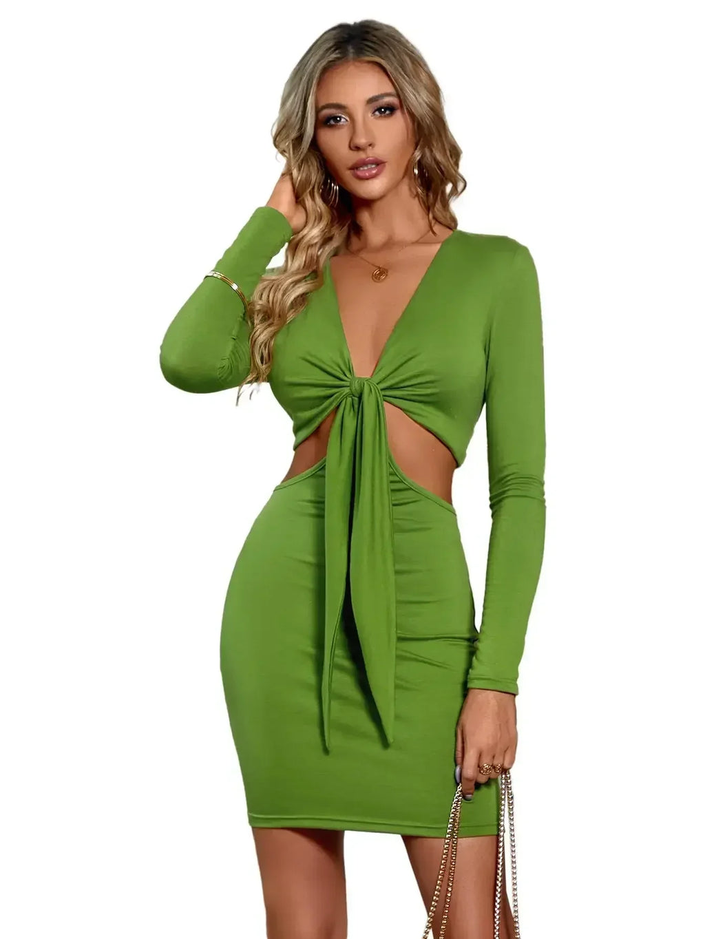 Tie Front Waist Cut Out Long Sleeve Bodycon Mini Dress