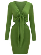 Tie Front Waist Cut Out Long Sleeve Bodycon Mini Dress
