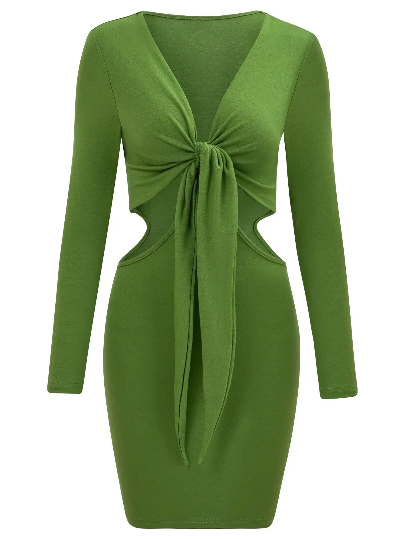Tie Front Waist Cut Out Long Sleeve Bodycon Mini Dress