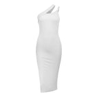 One Shoulder Cutout Rib Knit Side Slit Bodycon Midi Dress
