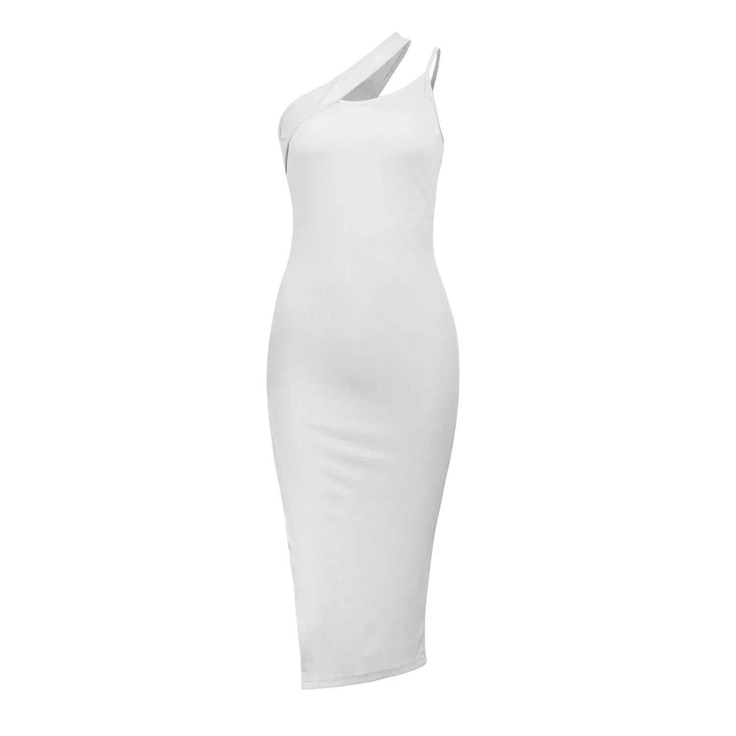 One Shoulder Cutout Rib Knit Side Slit Bodycon Midi Dress
