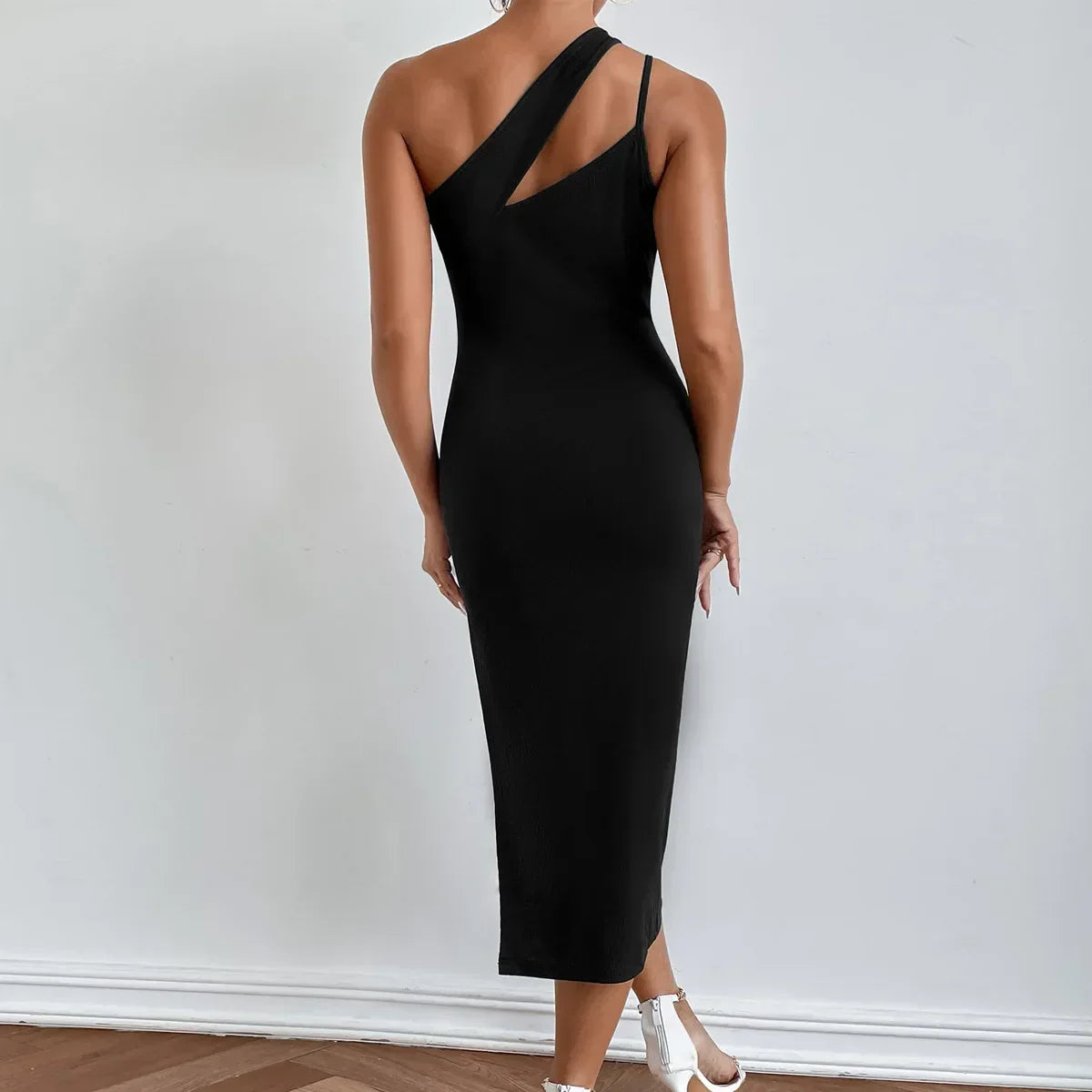 One Shoulder Cutout Rib Knit Side Slit Bodycon Midi Dress