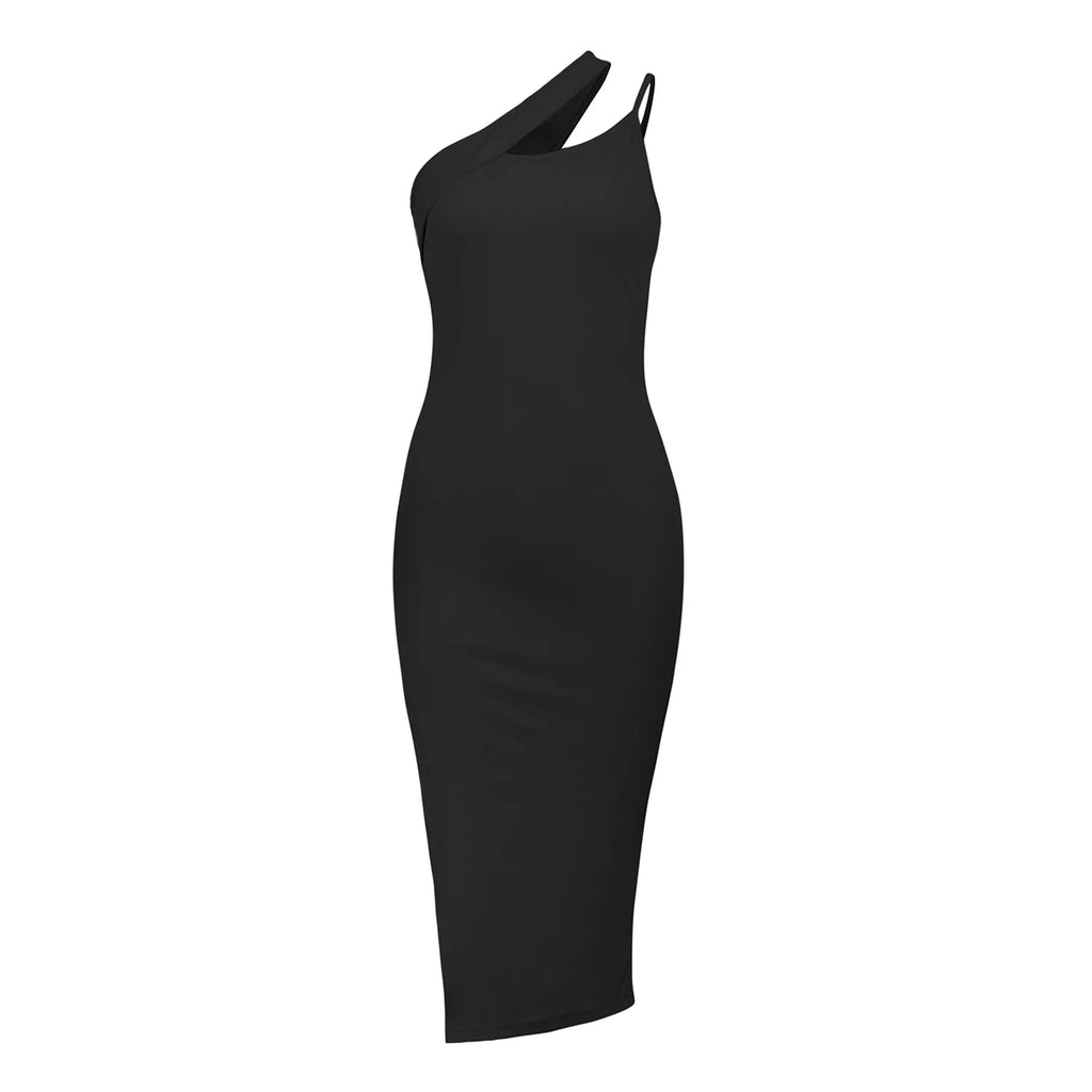 One Shoulder Cutout Rib Knit Side Slit Bodycon Midi Dress