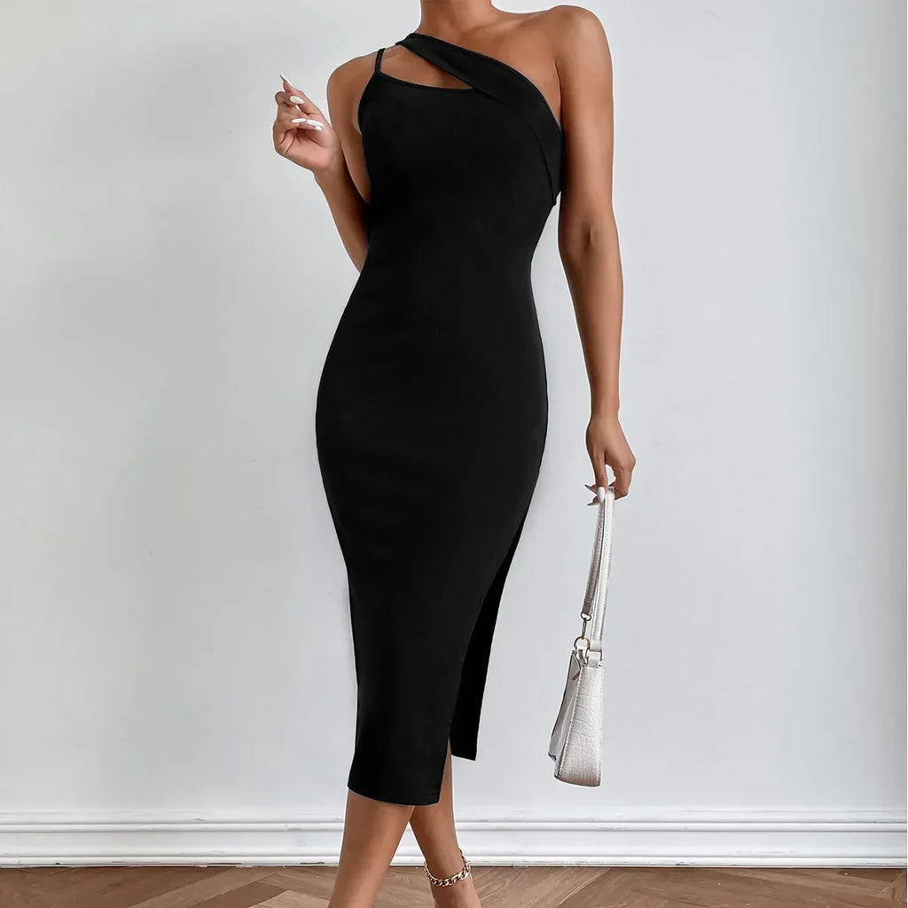 One Shoulder Cutout Rib Knit Side Slit Bodycon Midi Dress
