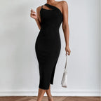One Shoulder Cutout Rib Knit Side Slit Bodycon Midi Dress