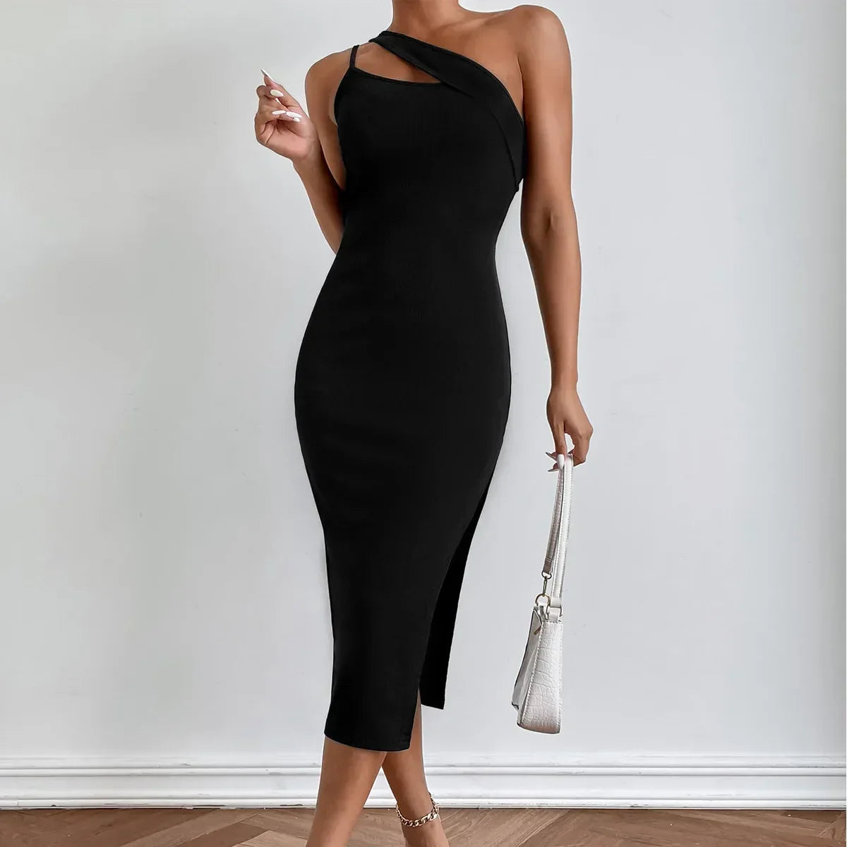 One Shoulder Cutout Rib Knit Side Slit Bodycon Midi Dress
