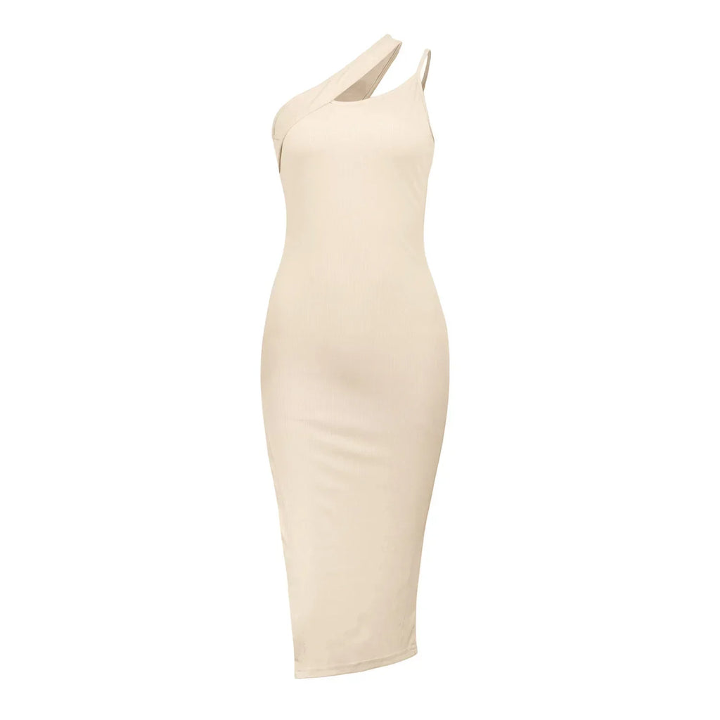 One Shoulder Cutout Rib Knit Side Slit Bodycon Midi Dress