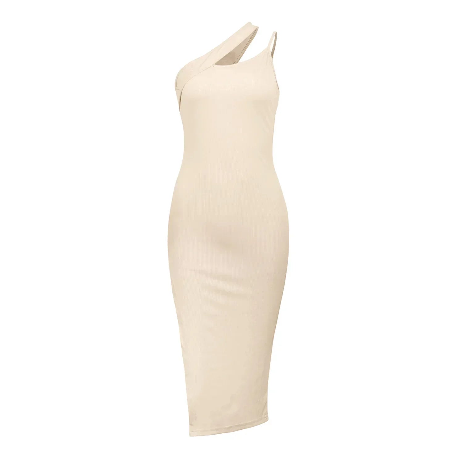 One Shoulder Cutout Rib Knit Side Slit Bodycon Midi Dress