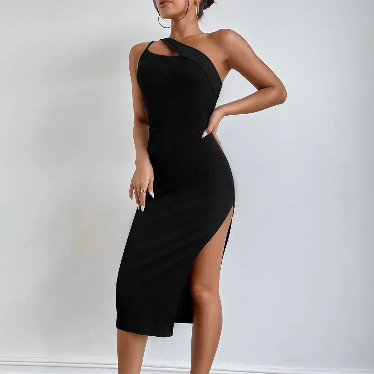 One Shoulder Cutout Rib Knit Side Slit Bodycon Midi Dress