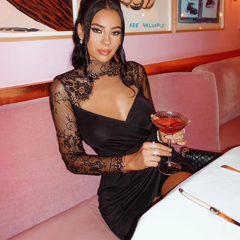High Neck Lace Sleeve Keyhole Cutout Ruched Wrap Hem Bodycon Mini Dress