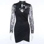 Lace Mock Neck Cut Out Wrap V-Neck Ruched Tulip Hem Mini Dress