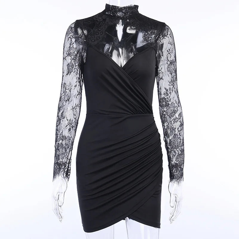 Lace Mock Neck Cut Out Wrap V-Neck Ruched Tulip Hem Mini Dress